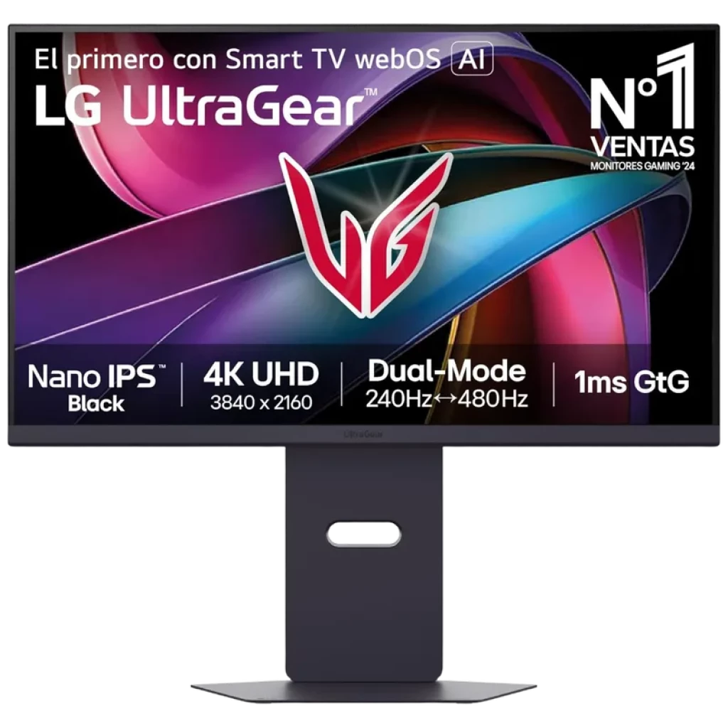 LG UltraGear 27G850A-B écran gaming 27 pouces, cadre fin, support robuste réglable, dalle Nano IPS, affichage 4K UHD, logo VG centré, design noir élégant
