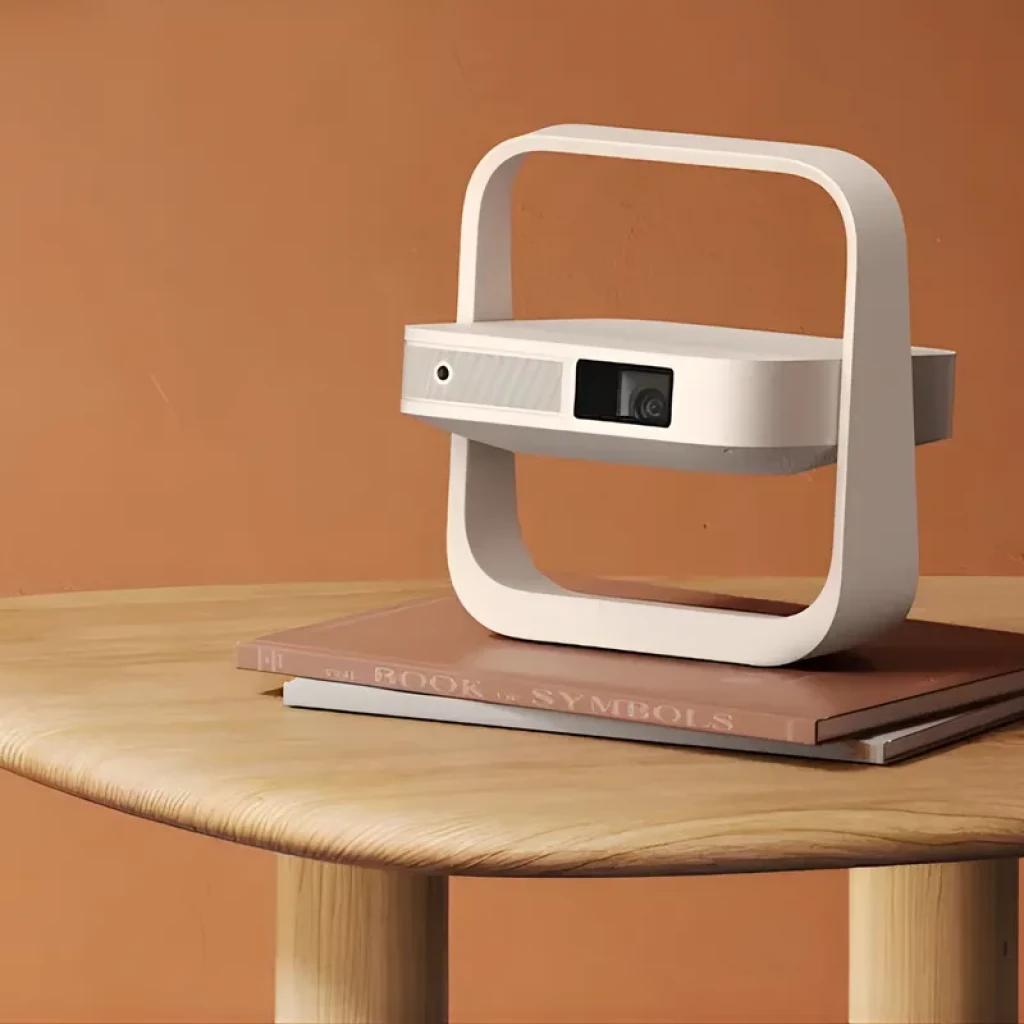Xgimi Elfin Flip Mini WK03C Blanco, proyector portátil Full HD con marco giratorio y soporte integrado, diseño minimalista en color crema sobre mesa de madera