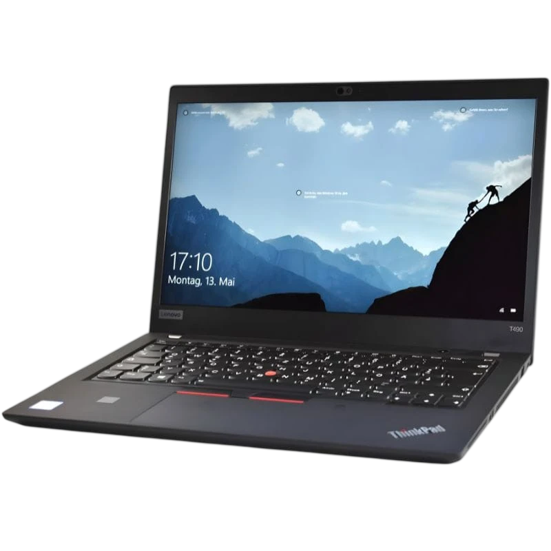 Lenovo ThinkPad T490s 14 pouces, écran mat ouvert affichant paysage, clavier QWERTZ rétroéclairé avec trackpoint rouge, châssis fin noir robuste