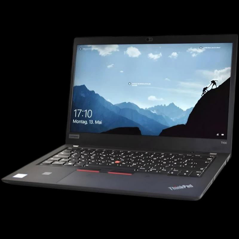 Lenovo ThinkPad T490s 14 pouces, écran mat ouvert affichant paysage, clavier QWERTZ rétroéclairé avec trackpoint rouge, châssis fin noir robuste