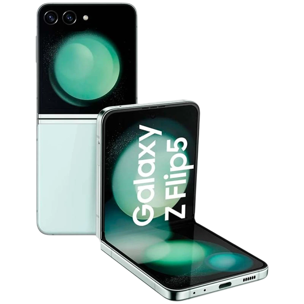 Samsung Galaxy Z Flip5 5G verde, plegable tipo concha, doble pantalla con panel externo grande, bisagra metálica, cámara dual trasera, 8GB RAM 256GB Renovado