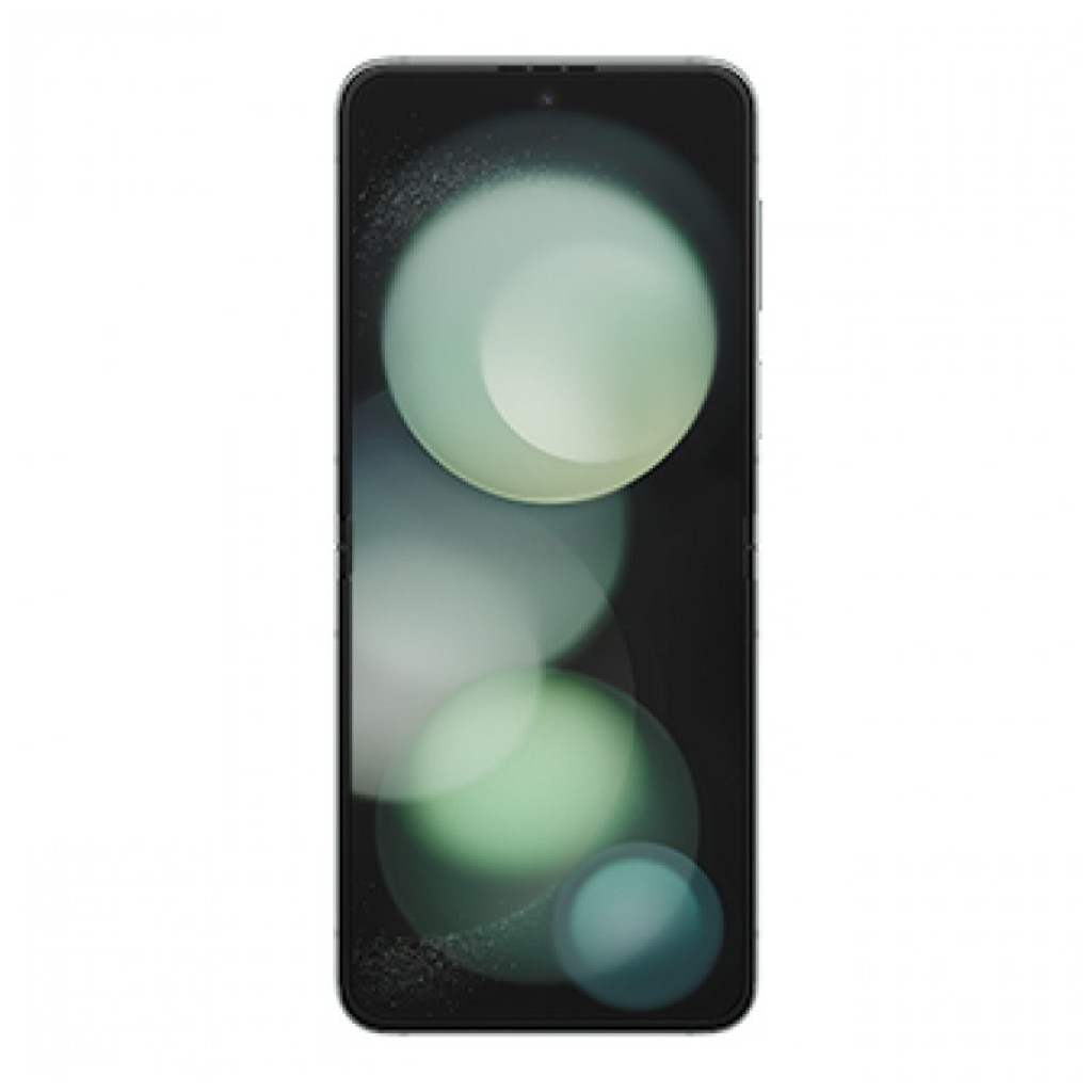 Smartphone plegable verde con gran pantalla OLED casi sin bordes, cámara frontal centrada y acabado impecable; modelo Samsung Galaxy Z Flip5 5G 8GB/256GB