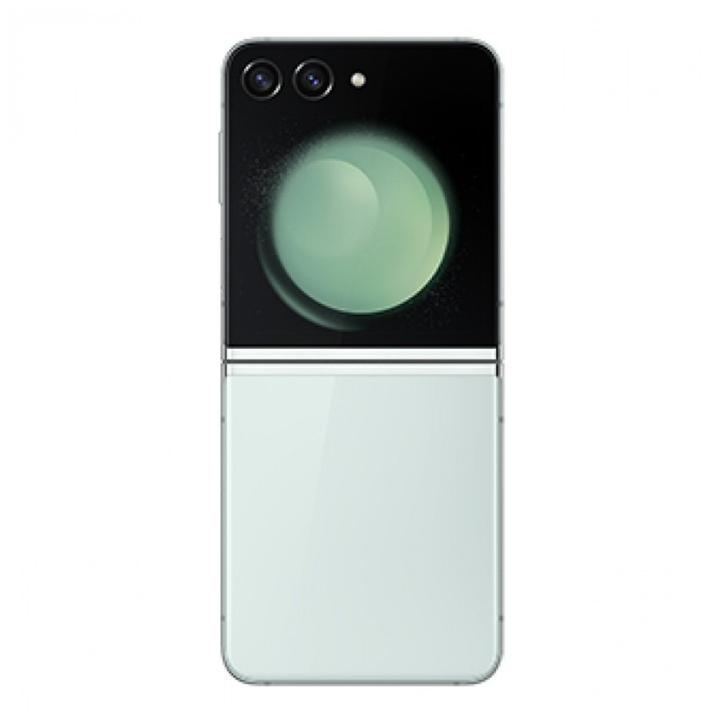 Samsung Galaxy Z Flip5 5G renovado en verde, formato plegable, doble cámara trasera, pantalla externa con esfera verde, estado excelente 8GB 256GB