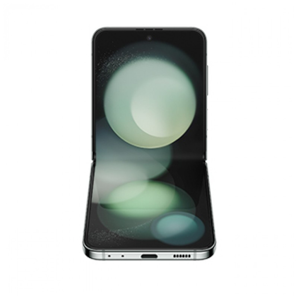Samsung Galaxy Z Flip5 5G verde renovado en estado excelente, diseño plegable tipo concha, pantalla interna grande con bisagra central y bordes metálicos