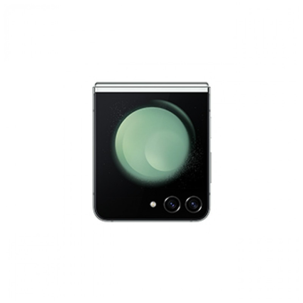 Samsung Galaxy Z Flip5 5G verde renovado estado excelente, formato plegable con pantalla externa y doble cámara trasera alineada horizontalmente