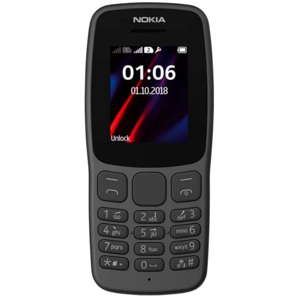 Nokia 106 TA-1114 DS telefone básico em preto, tela colorida pequena, teclado numérico grande, botões dedicados e design compacto resistente