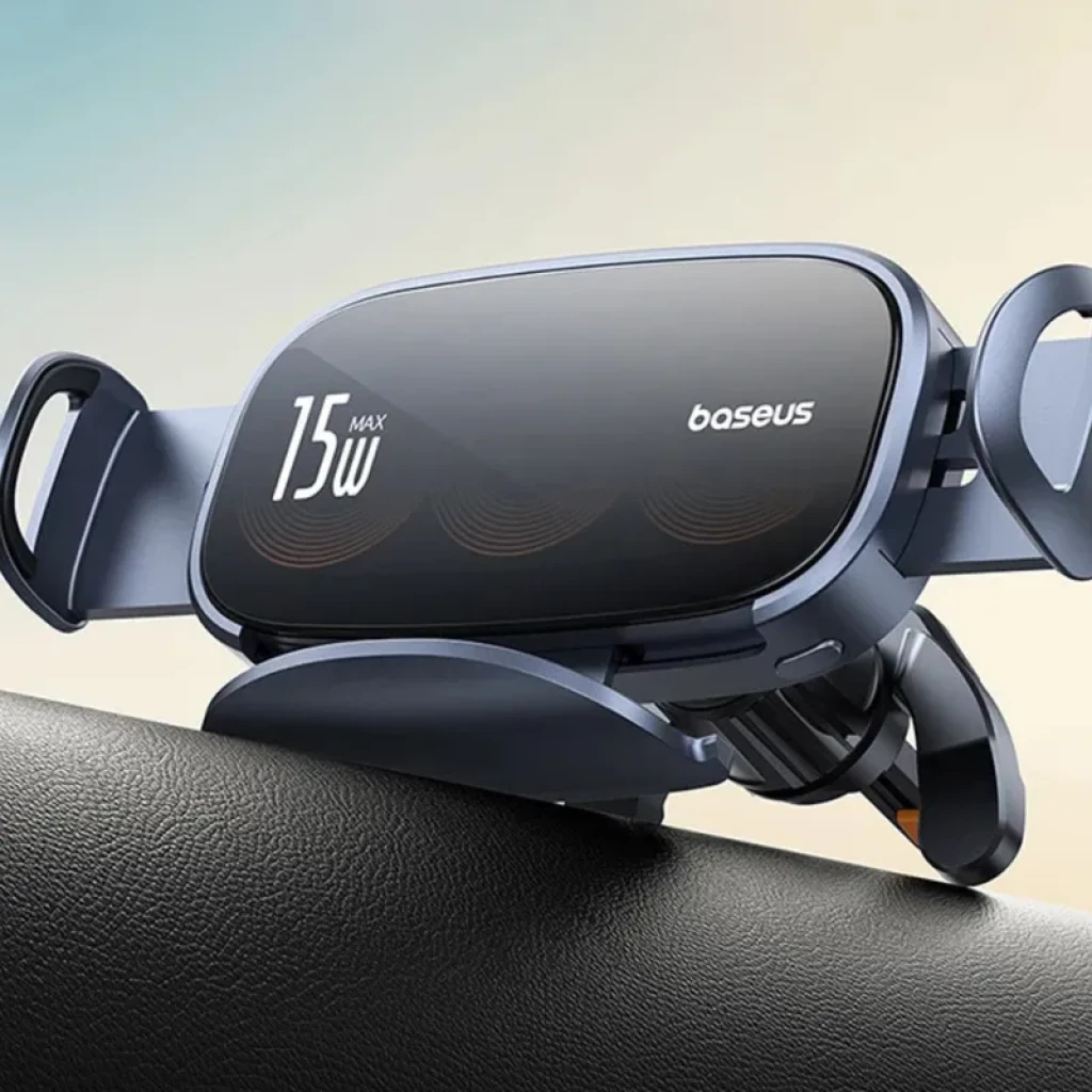 Baseus LightChaser soporte de coche con cargador inalámbrico 15W, triple bobina visible, brazos laterales de sujeción y pinza de ventilación robusta