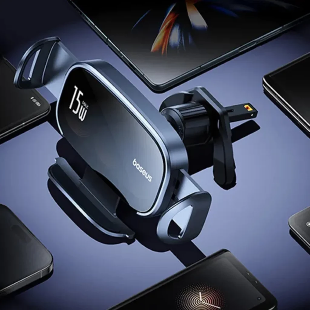 Baseus LightChaser Soporte para coche con cargador inalámbrico de triple bobina, sujeción automática, salida 15W, montaje en rejilla y diseño metálico