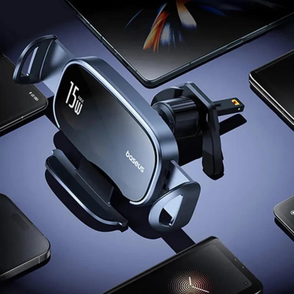 Baseus LightChaser Soporte para coche con cargador inalámbrico de triple bobina, sujeción automática, salida 15W, montaje en rejilla y diseño metálico