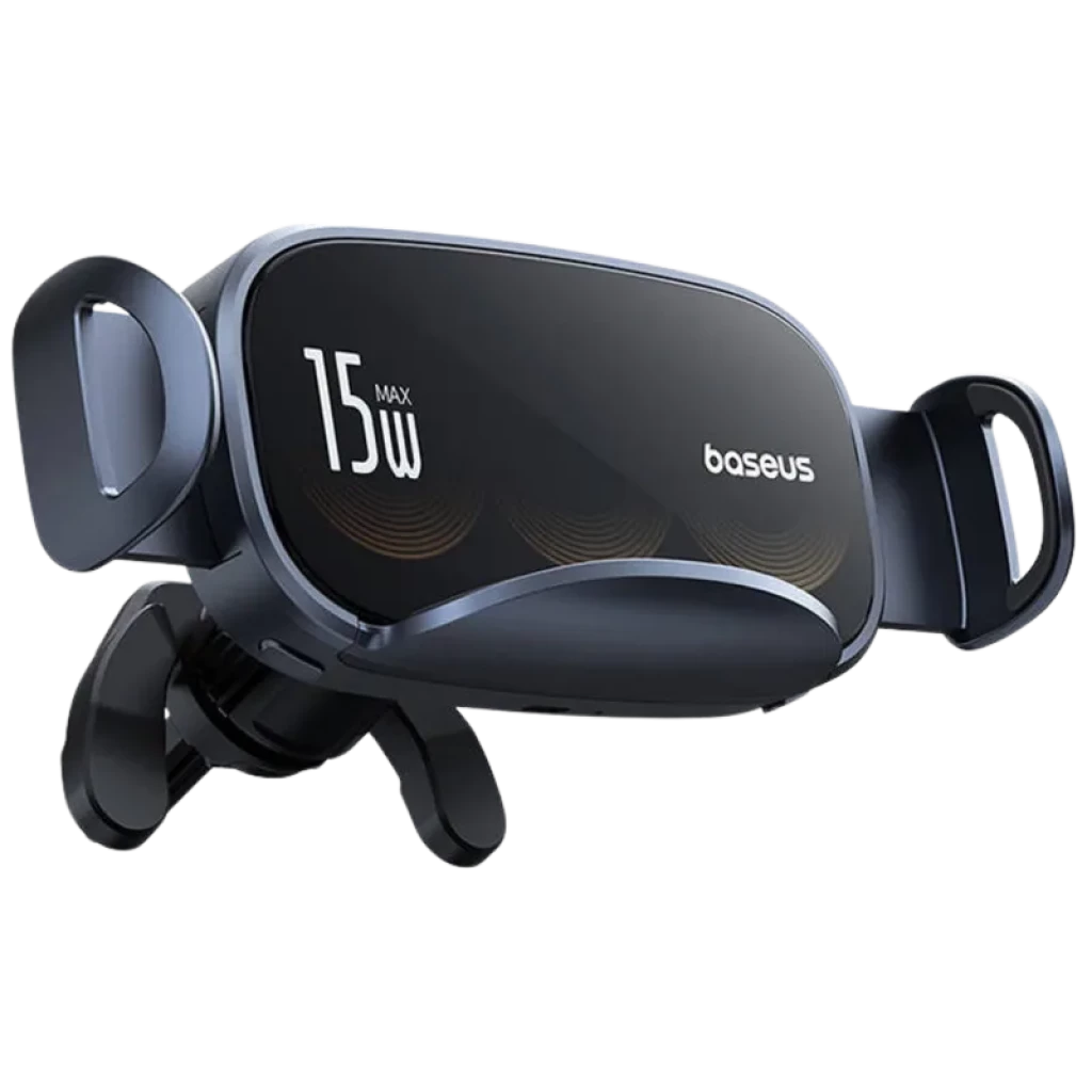 Baseus LightChaser Soporte para coche con cargador inalámbrico triple bobina 15 W, brazos de sujeción laterales, acabado negro brillante y montura a rejilla