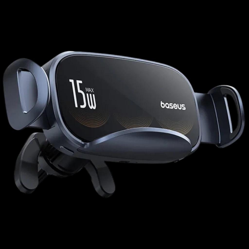 Baseus LightChaser Soporte para coche con cargador inalámbrico triple bobina 15 W, brazos de sujeción laterales, acabado negro brillante y montura a rejilla