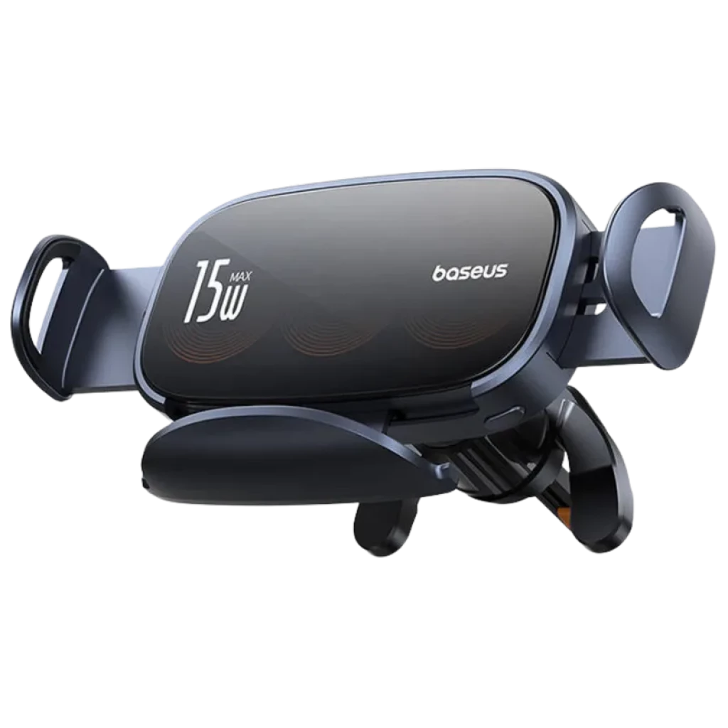 Baseus LightChaser Soporte para coche con cargador inalámbrico 15W, triple bobina visible, brazos laterales ajustables y sujeción firme para smartphone