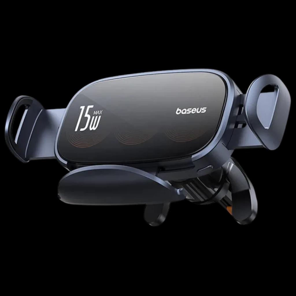 Baseus LightChaser Soporte para coche con cargador inalámbrico 15W, triple bobina visible, brazos laterales ajustables y sujeción firme para smartphone