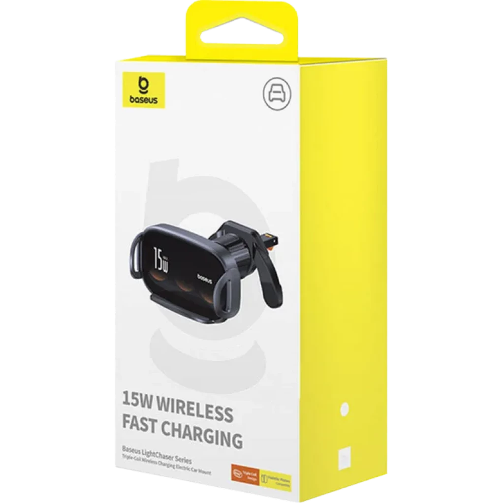 Baseus LightChaser Soporte para coche con cargador inalámbrico 15W, triple bobina, sujeción lateral ajustable y montaje en ventilación, caja amarilla