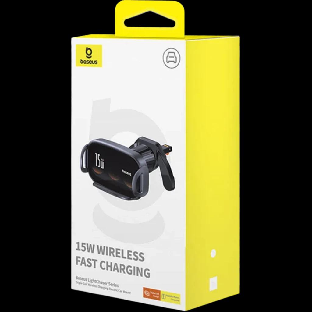 Baseus LightChaser Soporte para coche con cargador inalámbrico 15W, triple bobina, sujeción lateral ajustable y montaje en ventilación, caja amarilla