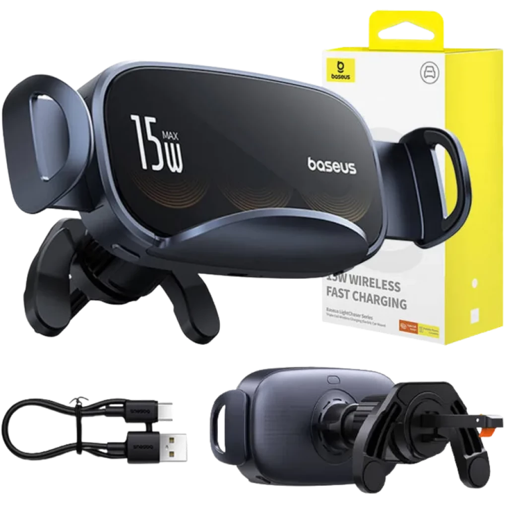 Baseus LightChaser Soporte para coche con cargador inalámbrico 15W, triple bobina, sujeción automática, montaje en rejilla, cable USB incluido y caja