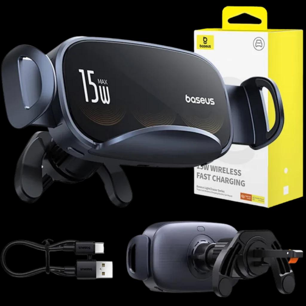 Baseus LightChaser Soporte para coche con cargador inalámbrico 15W, triple bobina, sujeción automática, montaje en rejilla, cable USB incluido y caja