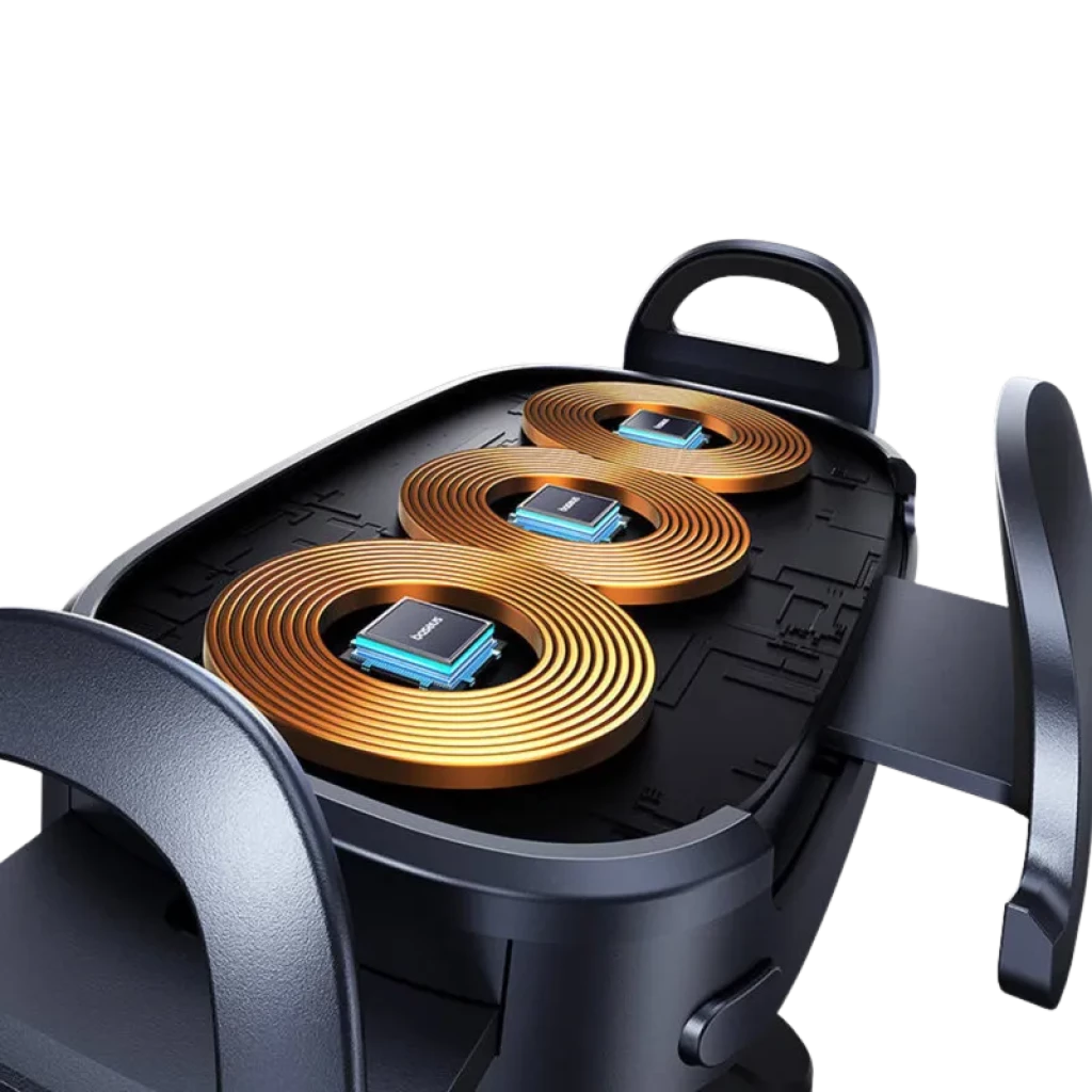 Baseus LightChaser - Soporte para coche con cargador inalámbrico de triple bobina; tres bobinas doradas expuestas, diseño robusto y abrazaderas laterales