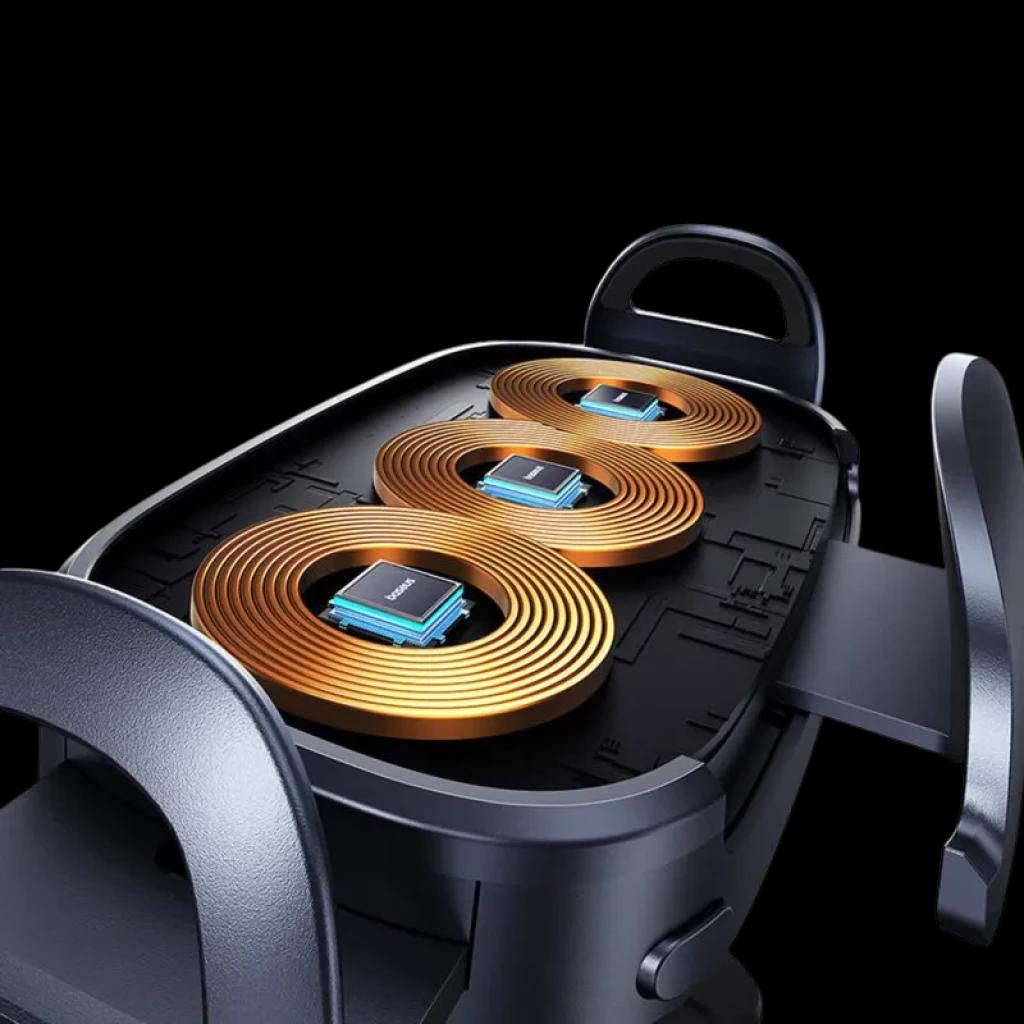 Baseus LightChaser - Soporte para coche con cargador inalámbrico de triple bobina; tres bobinas doradas expuestas, diseño robusto y abrazaderas laterales