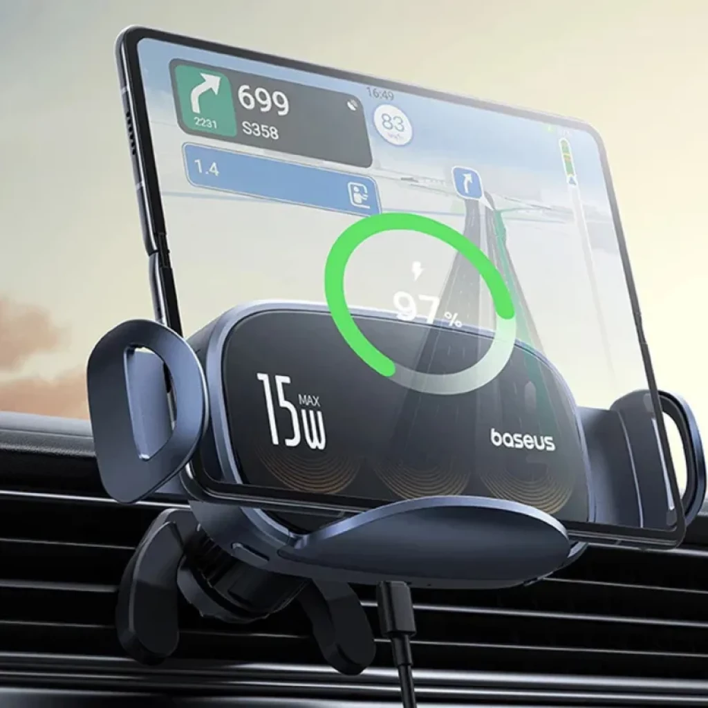 Baseus LightChaser Soporte para coche con cargador inalámbrico triple bobina 15W, pinza para rejilla, sujeción ajustable y carga visible al 97% en pantalla