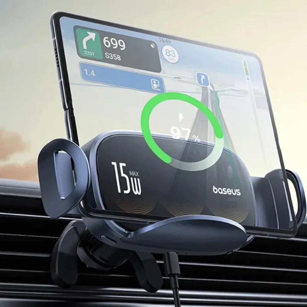Baseus LightChaser Soporte para coche con cargador inalámbrico triple bobina 15W, pinza para rejilla, sujeción ajustable y carga visible al 97% en pantalla