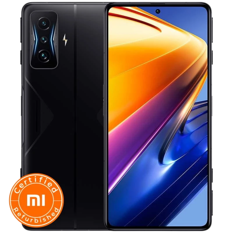 Xiaomi Poco F4 GT 8GB/128GB negro con pantalla grande perforada, cámara triple trasera y acabado brillante. Sello Xiaomi Certified Refurbished visible.