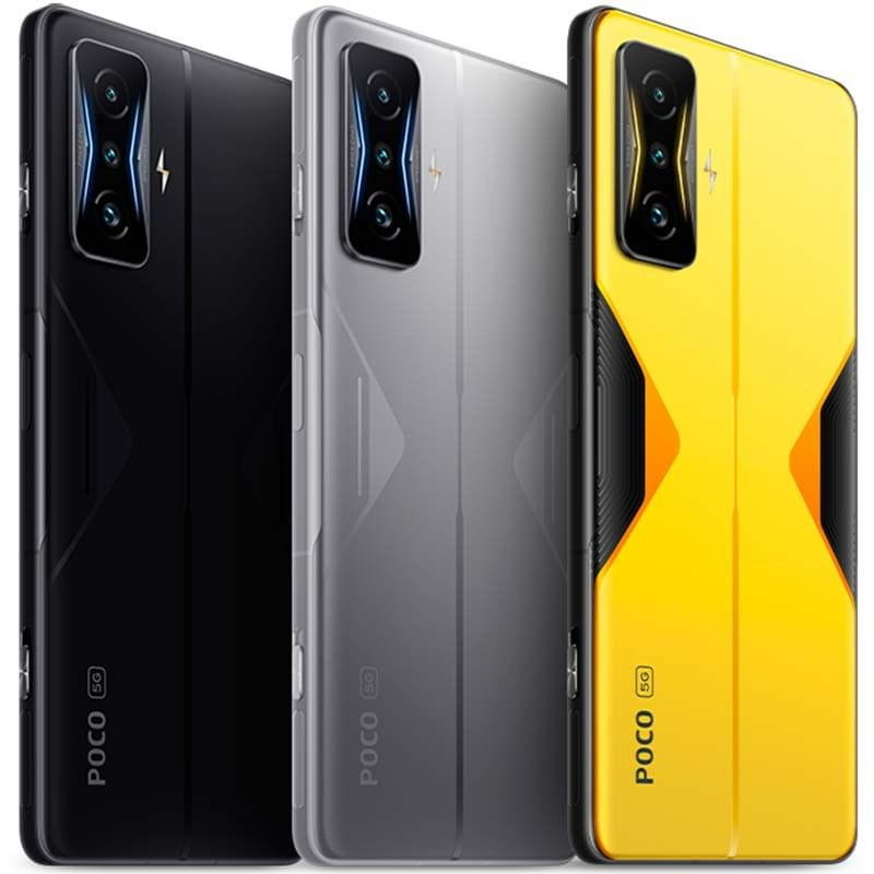 Xiaomi Poco F4 GT 8GB/128GB amarillo reacondicionado oficial, diseño gaming con luces y cámara triple, junto a variantes en negro y gris 5G