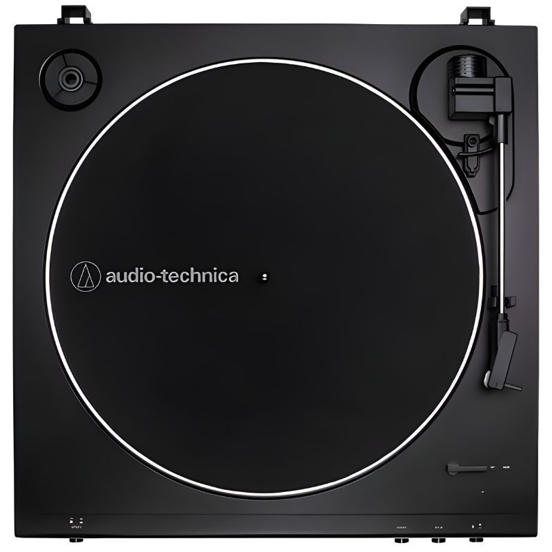 Audio Technica AT-LP60X Tocadiscos negro con tapa acrílica transparente, botones frontales de Start y Stop, selector de velocidad y puerto de encendido