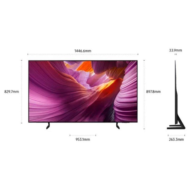 Samsung TQ65S85FAE 65" 4K Ultra HD OLED Smart TV Preto, medidas em mm, vista frontal e lateral