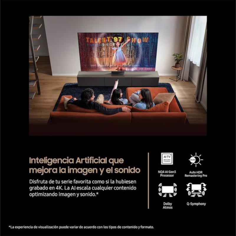 Samsung TQ65S95FAT 65 pulgadas OLED 4K Ultra HD con biseles finos, colores vibrantes y alto contraste; peana central elegante y sonido Dolby Atmos