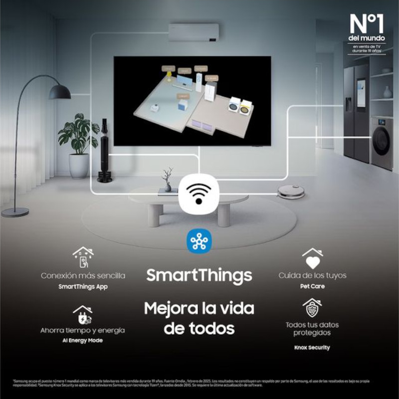 Samsung TQ65S95FAT 65" 4K OLED con integración SmartThings, control de hogar, ahorro de energía, seguridad de datos y cuidado de mascotas en un salón moderno