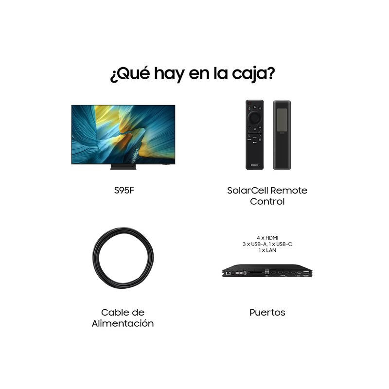 Samsung TQ65S95FAT 65 pulgadas 4K OLED con biseles delgados. Incluye mando SolarCell, puertos HDMI USB LAN y cable de alimentación. Wi-Fi Smart TV.