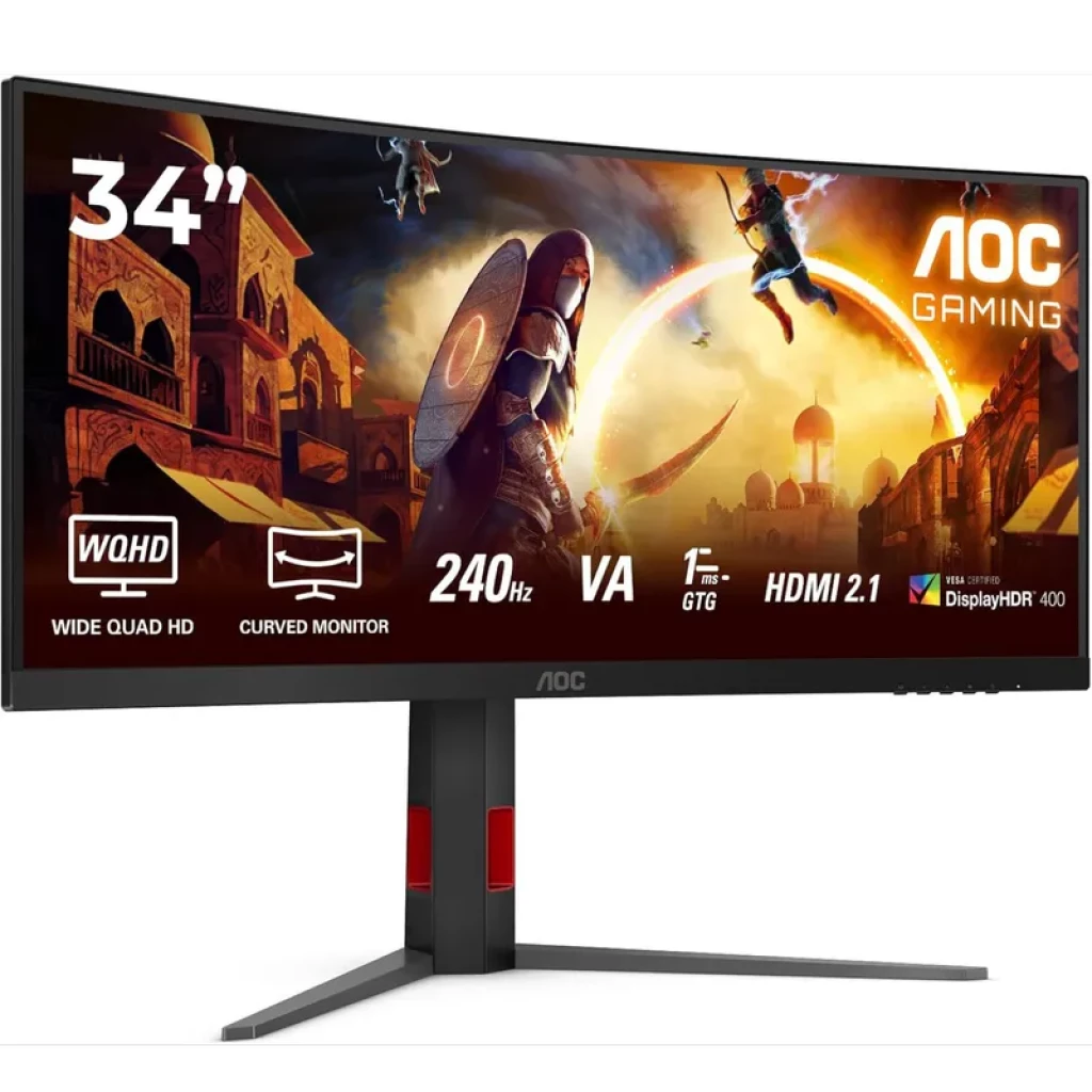 AOC CU34G4Z 34 pouces incurvé ultra large noir et rouge, dalle VA WQHD, 240 Hz, 1 ms, HDMI 2.1, HDR400, pied réglable au design gaming