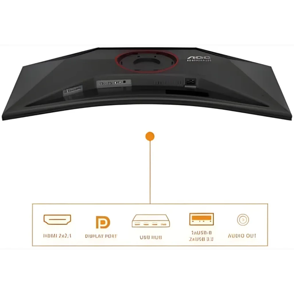 Dos incurvé noir et rouge du moniteur AOC CU34G4Z 34 pouces, anneau central rouge, évents, et connectique: 2x HDMI 2.0, DisplayPort, USB hub, audio out