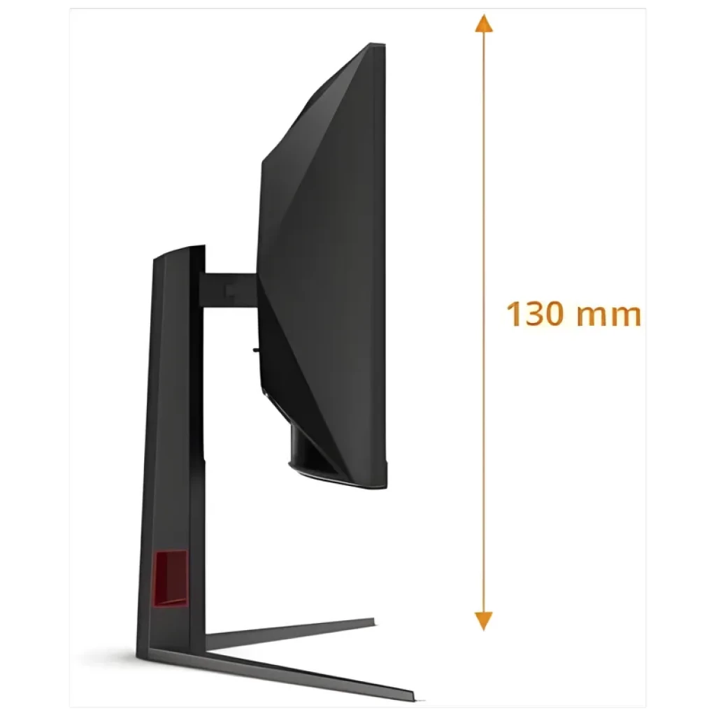 AOC CU34G4Z 34 pouces incurvé noir et rouge, profil latéral avec pied réglable en hauteur 130 mm, design gaming anguleux et écran ultra large