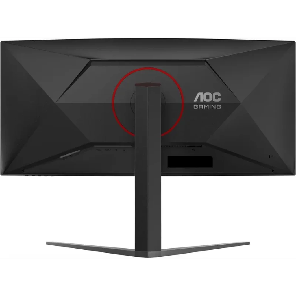 Profil latéral du moniteur incurvé noir et rouge avec pied en V, réglage en hauteur 130 mm, design angulaire et bords fins pour setup gaming