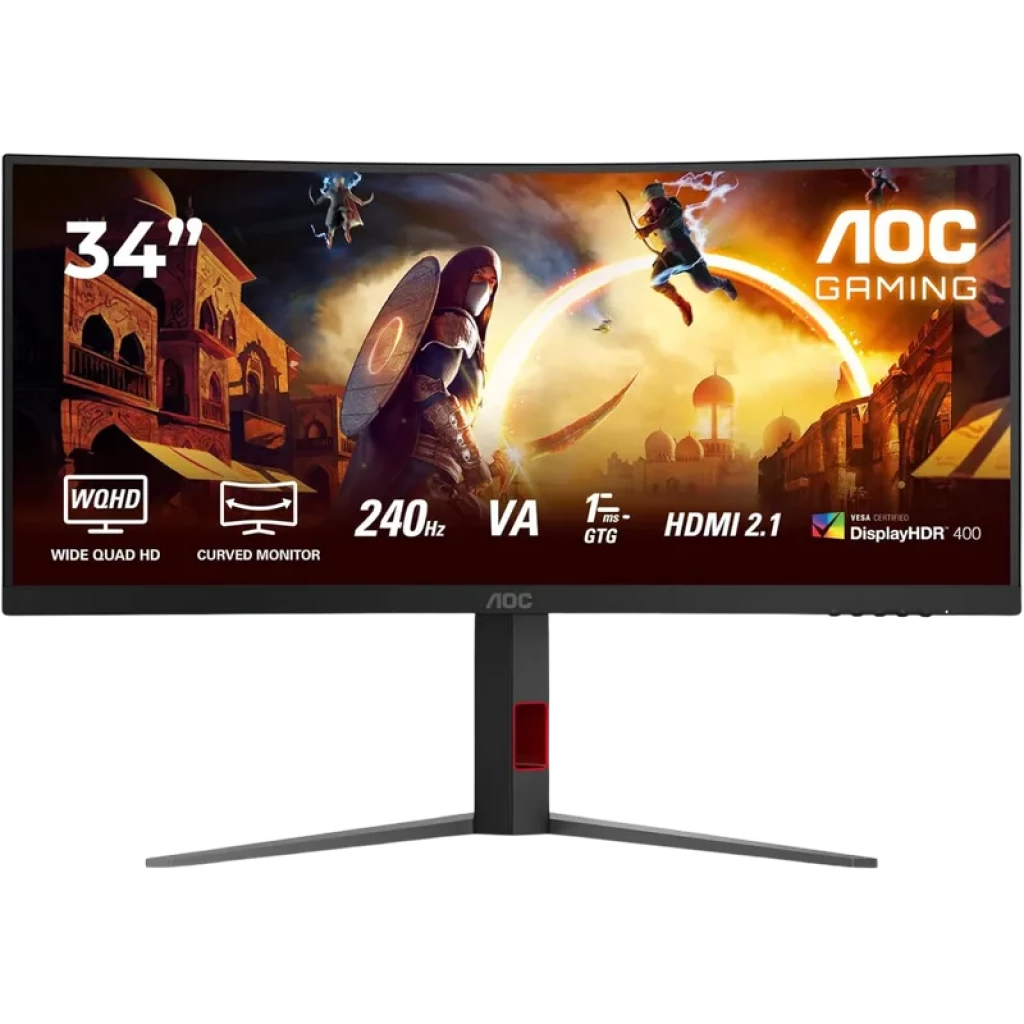 Monitor AOC CU34G4Z 34 polegadas ultrawide curvo, painel VA, 240 Hz, 1 ms, WQHD, HDMI 2.1, HDR400, design preto com detalhe vermelho ideal para jogos
