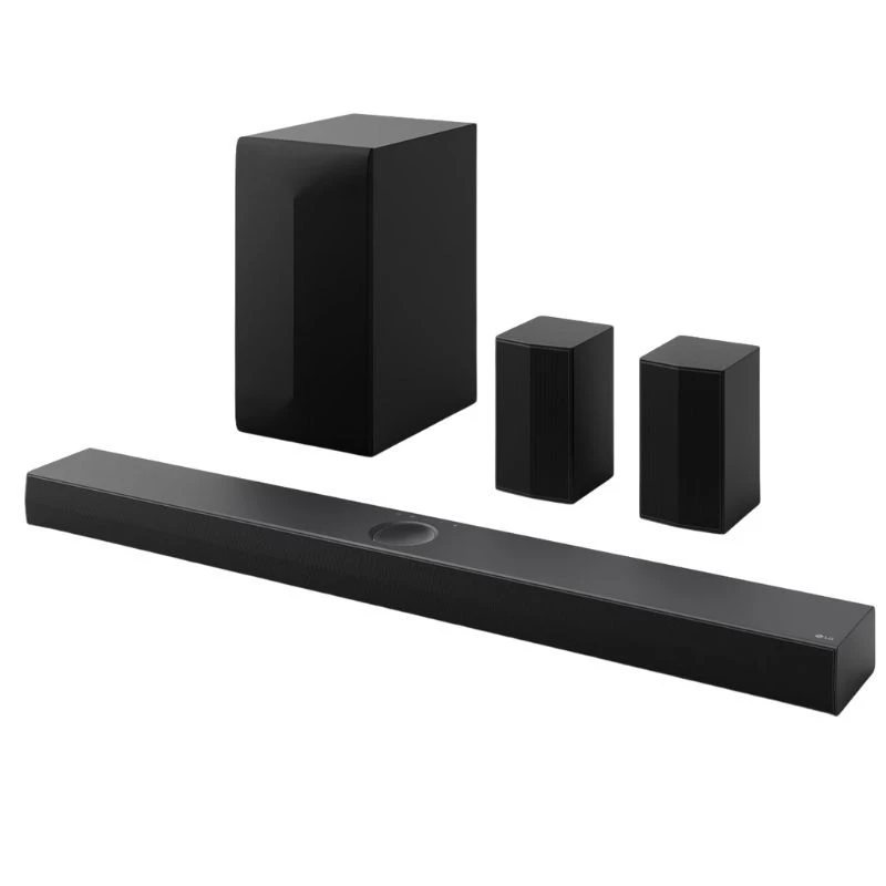 LG S70TR barra de sonido negra con subwoofer y dos altavoces traseros; diseño minimalista, acabado mate, rejilla frontal metálica y formato 5.1.1 500W