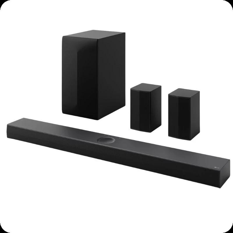 Barre de son LG S70TR noire avec caisson et deux satellites, design épuré, finition mate, grille métallique fine, ensemble 5.1.1 compact et élégant