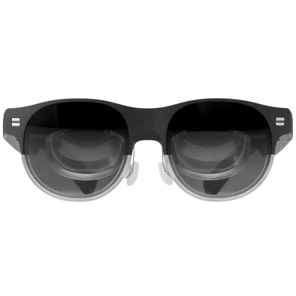 ASUS AirVision M1 Lunettes intelligentes noires, monture épaisse, verres transparents avec modules optiques internes visibles, design futuriste et compact