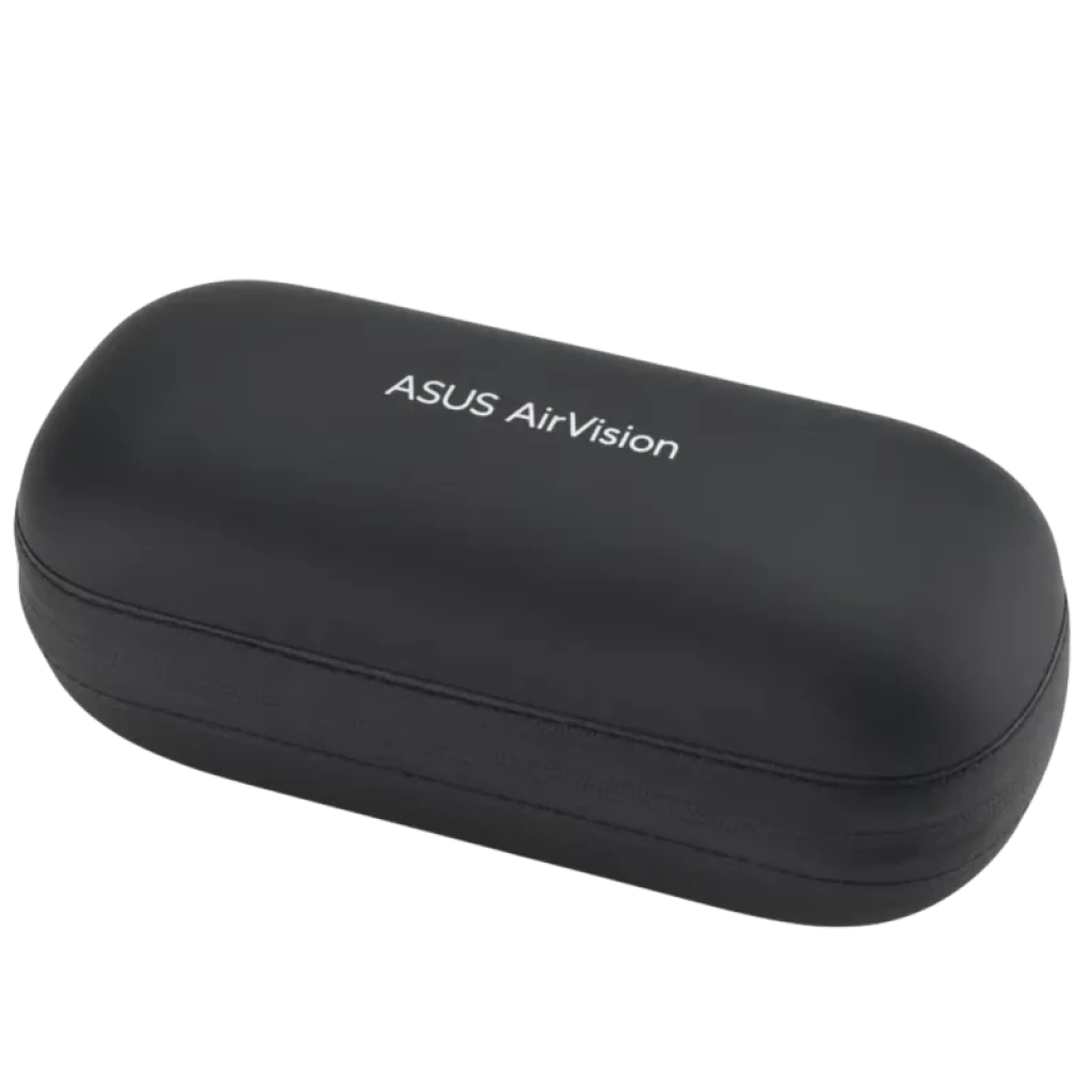Étui rigide noir ASUS AirVision, compact et arrondi, avec logo blanc sur le dessus; fermeture zippée pour protéger les lunettes intelligentes M1