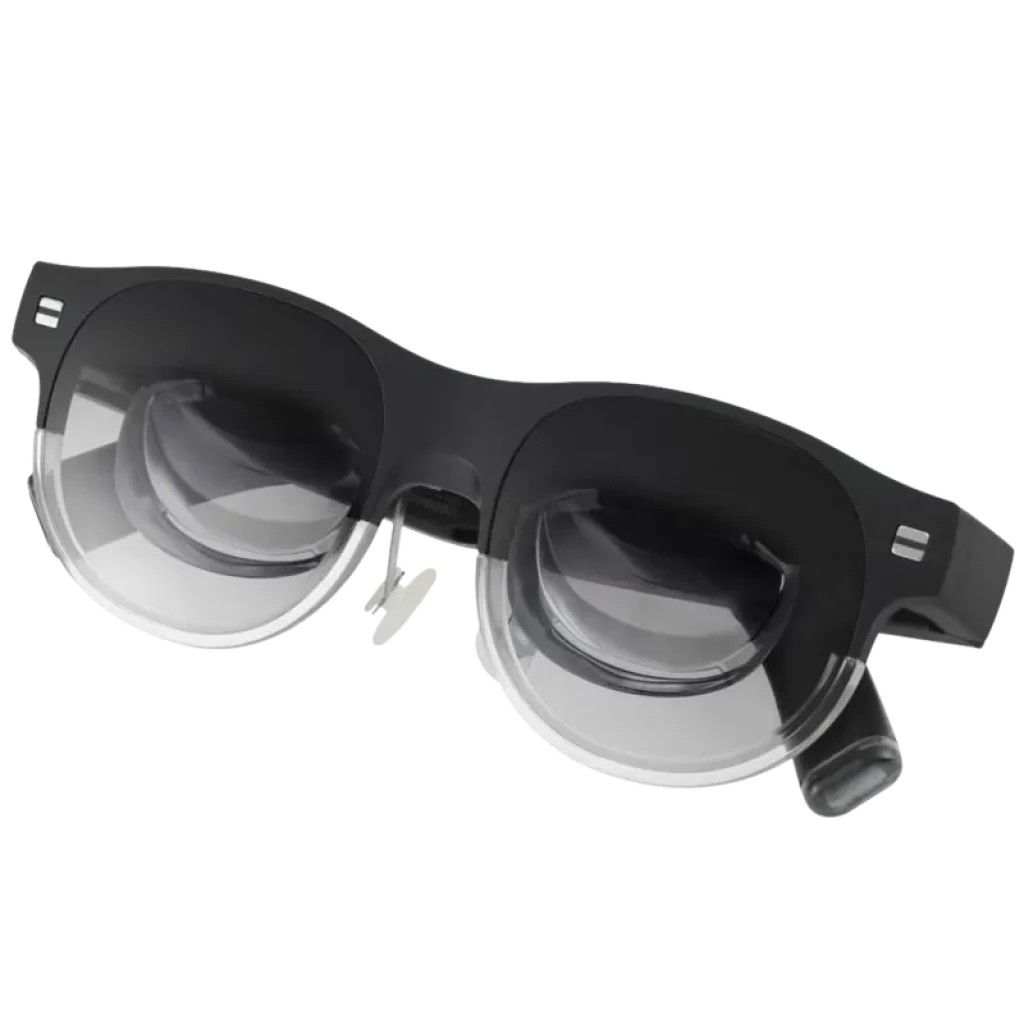 ASUS AirVision M1 – Lunettes noires avec grands modules optiques ronds, verres transparents inférieurs et module latéral cylindrique pour affichage virtuel