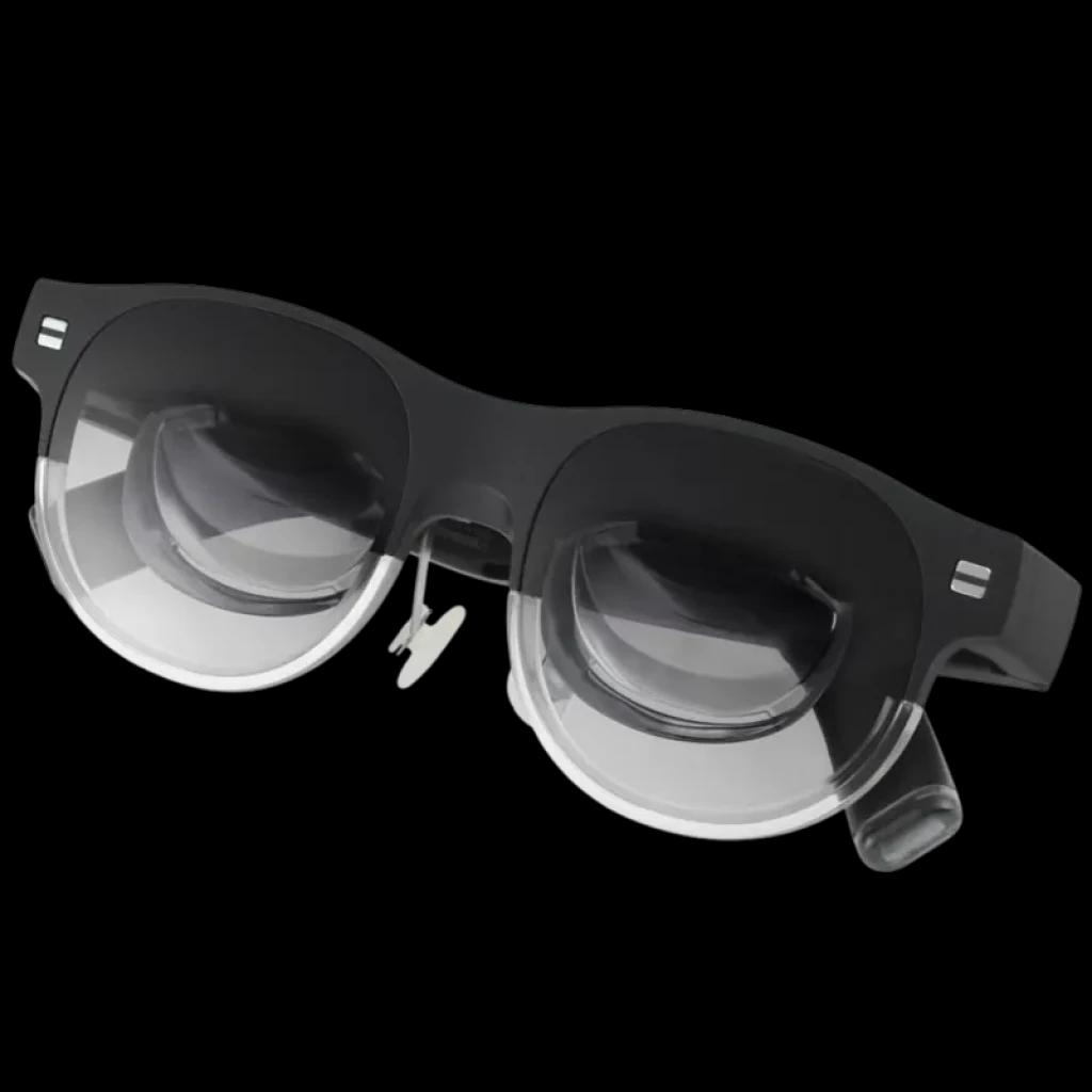 ASUS AirVision M1 – Lunettes noires avec grands modules optiques ronds, verres transparents inférieurs et module latéral cylindrique pour affichage virtuel