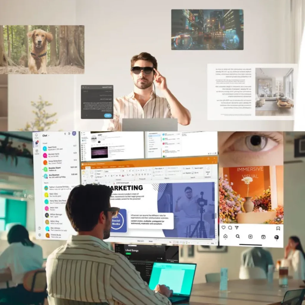 ASUS AirVision M1 — Lunettes intelligentes affichant écrans virtuels flottants; design léger, verres fumés, contrôle tactile, multitâche immersif