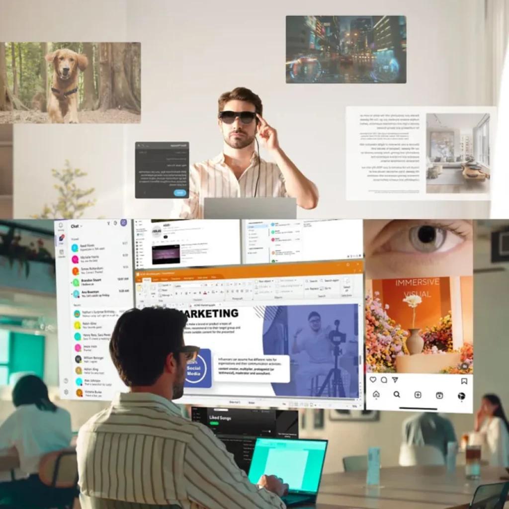 ASUS AirVision M1 — Lunettes intelligentes affichant écrans virtuels flottants; design léger, verres fumés, contrôle tactile, multitâche immersif