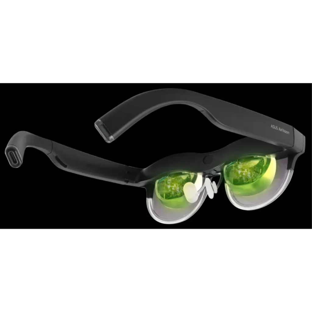 ASUS AirVision M1 – lunettes noires au design enveloppant, verres verts translucides et branches épaisses, module central discret pour affichage virtuel