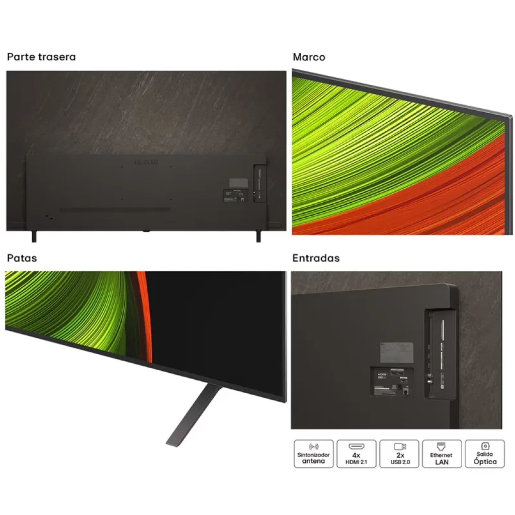 LG OLED77B56LA 77 polegadas 4K UHD OLED Smart TV Preto com moldura fina, pés metálicos elegantes e entradas HDMI, USB, Ethernet e saída óptica