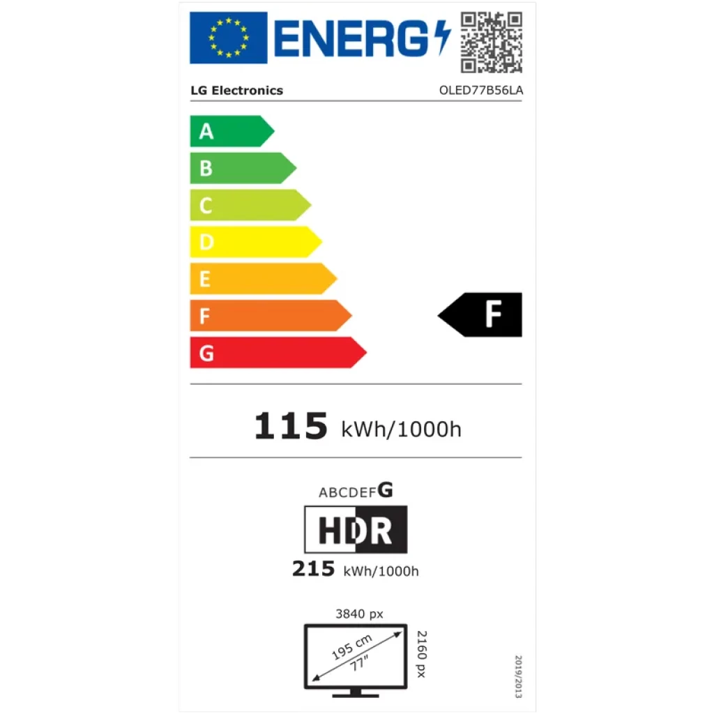 Etiqueta energética UE do LG OLED77B56LA: classe F, consumo 115 kWh/1000h, 215 kWh/1000h com HDR, resolução 3840x2160, ícone HDR e escala A a G
