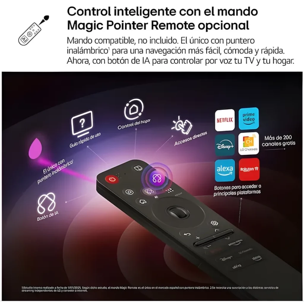 Controle remoto LG Magic Pointer opcional com ponteiro aéreo, botões de IA, microfone, acesso rápido a apps, rolagem e navegação precisa em TV OLED77B56LA