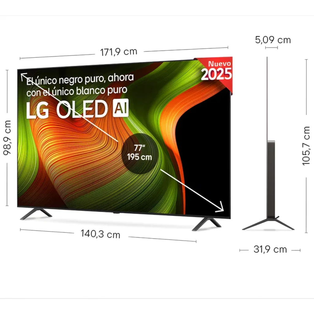 LG OLED77B56LA 77 4K UHD Smart TV preto com painel OLED ultrafino, bordas mínimas, base dupla estável e perfil lateral de 5,09 cm